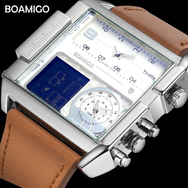 Dropshipping BOAMIGO brand men 3 time zone watch man sport digital watches brown leather military quartz watch relogio masculino LY191213, New silver black
Dropshipping BOAMIGO brand men 3 time zone watch man sport digital watches brown leather military quartz watch relogio masculino LY191213, New silver black