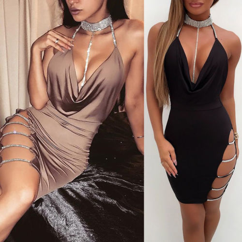 New Women Sexy Cocktail Club Dresses Bandage Bodycon Cut Out Sleeveless V neck Party Short Mini Dress