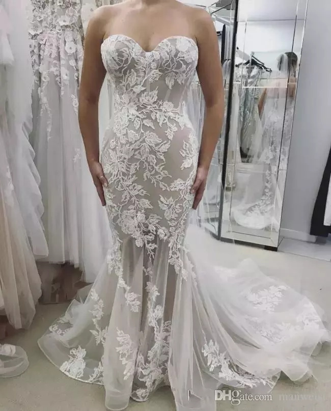 Mermaid Dresses Sweetheart Lace Appliques Sweep Train Custom Made Country Wedding Dress With Veil Plus Size Bridal Gowns
