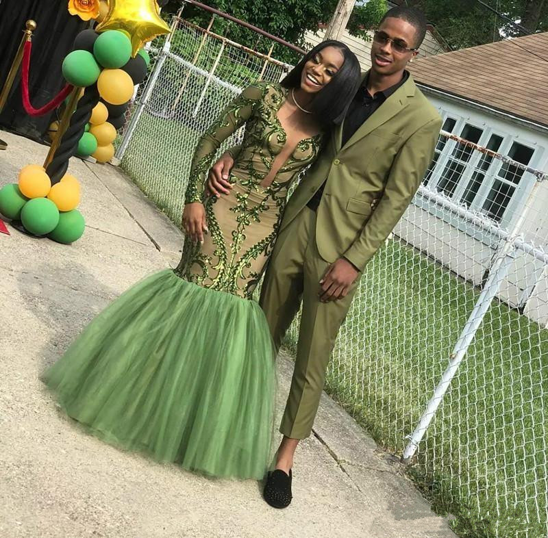 african mermaid green prom dresses skirts appliques sequined long sleeves plunging v neck evening gowns reception dress plus size