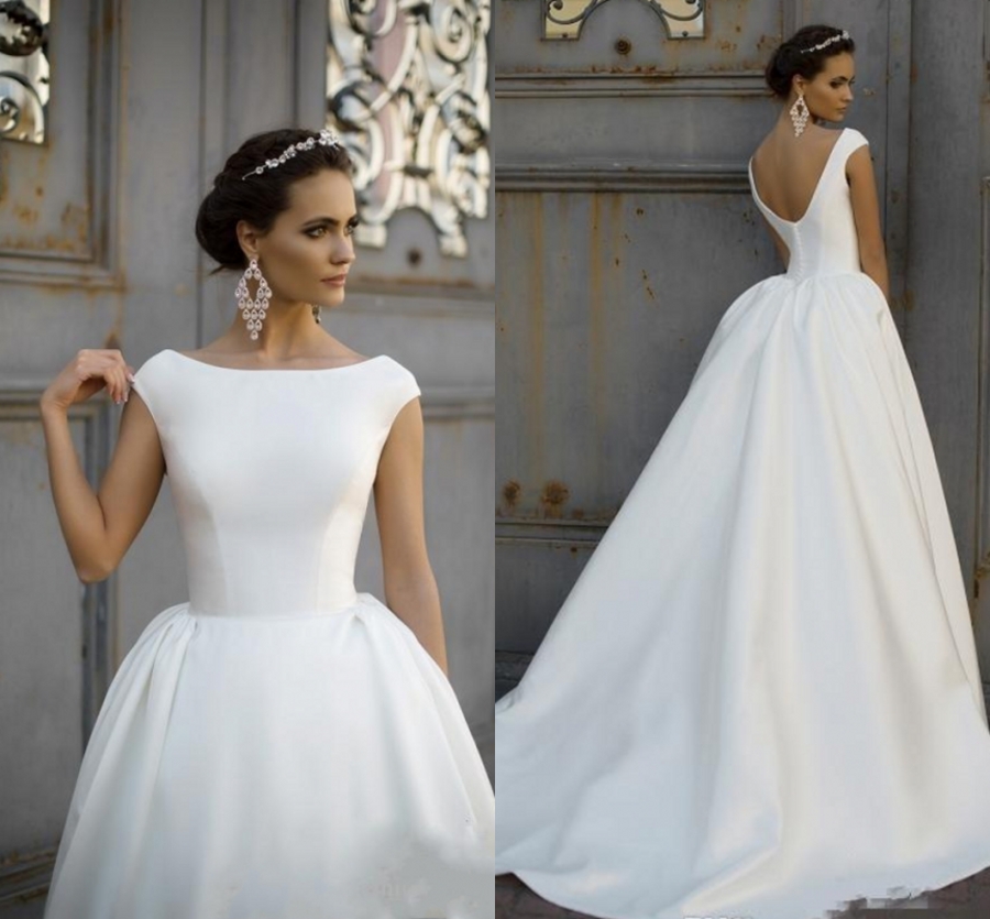 robe de mariee 2025 Vintage Boat Neck Satin Wedding Dress Backless Button A-line Princess Wedding Dresses Bridal Gowns Train vestidos