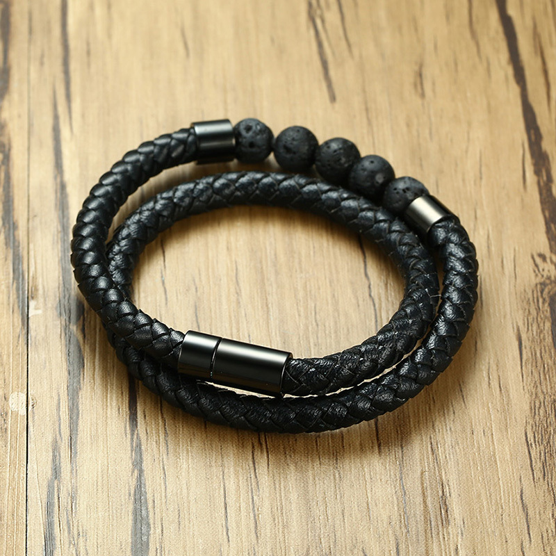 Black Braided Microfiber Leather Charm Bracelet Natural Lava Stone Beaded Bracelet Men Health Magnet Buckle Jewelry7441242