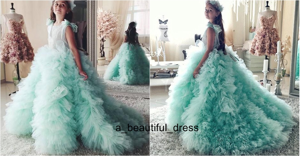 Mint Green O-Neck Flower Girl Dresses Pageant Dresses for Girls Glitz Court Train Ruffles With Bow Kids Birthday Dresses FG1330