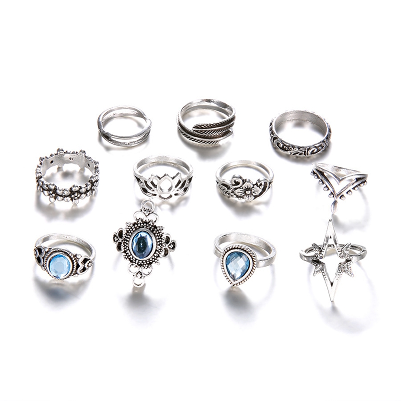 Knuckle ring set retro diamond carved starry gemstone 11 piece set boho can be superimposed ring female silver