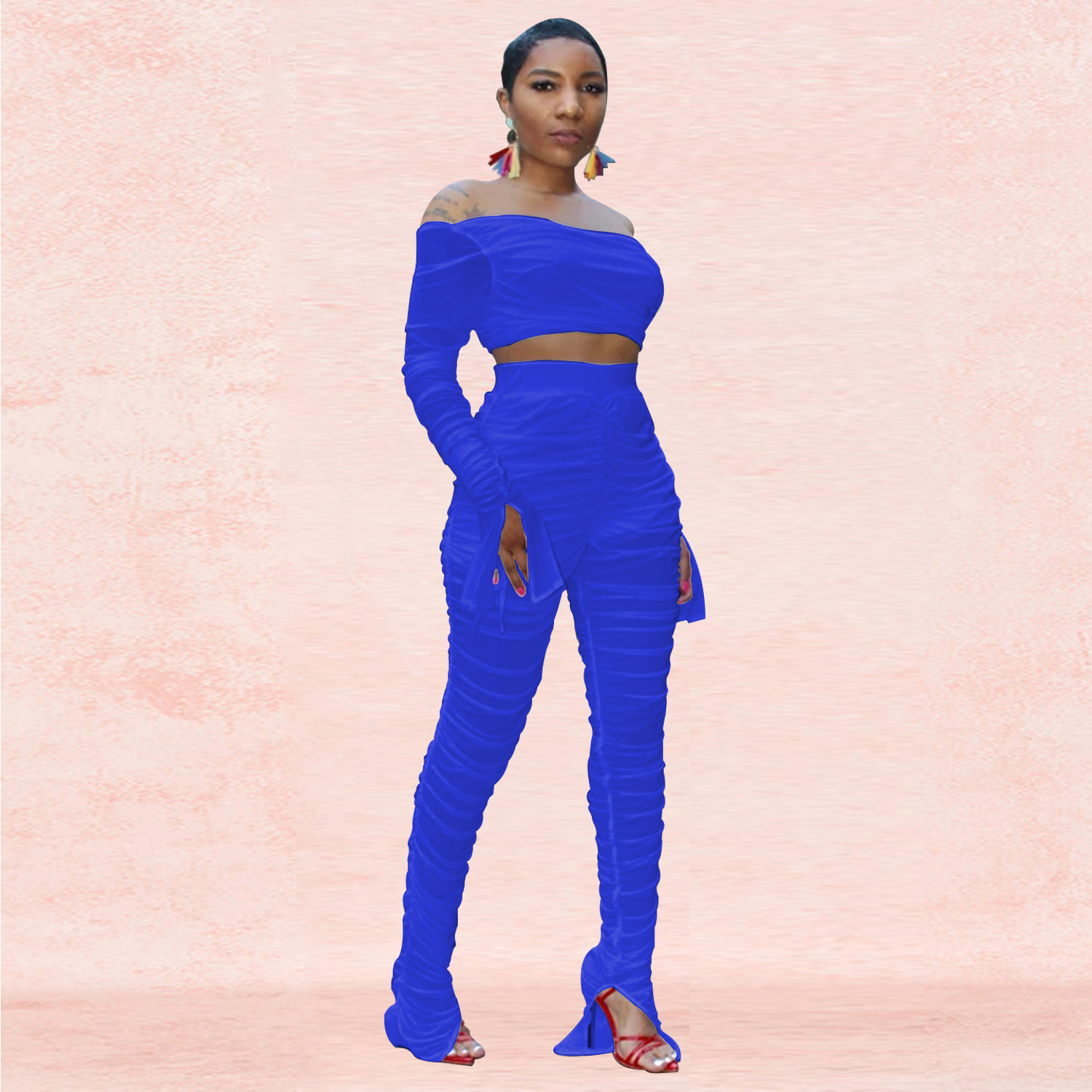Spot Pants European and American trend solid color casual tube top sexy mesh perspective trousers suit