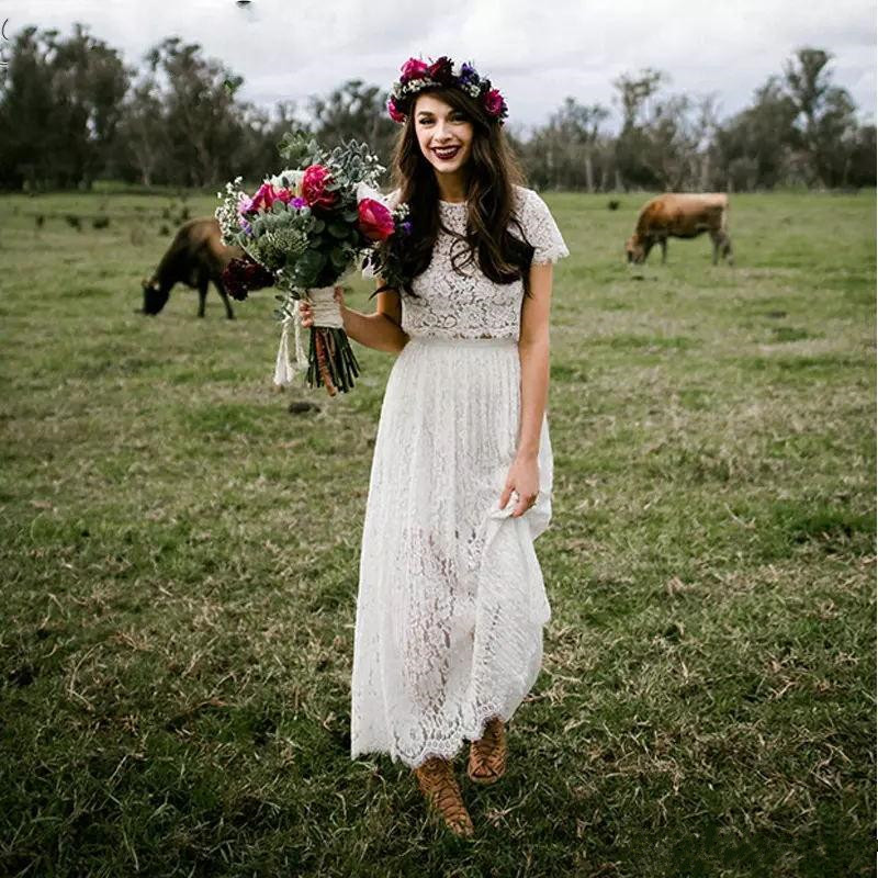 2019 New Romantic Lace Two Pieces Boho Wedding Dresses Modest With Short Sleeves Vestidos De Noiva Vintage Tea Length Bridal Gowns