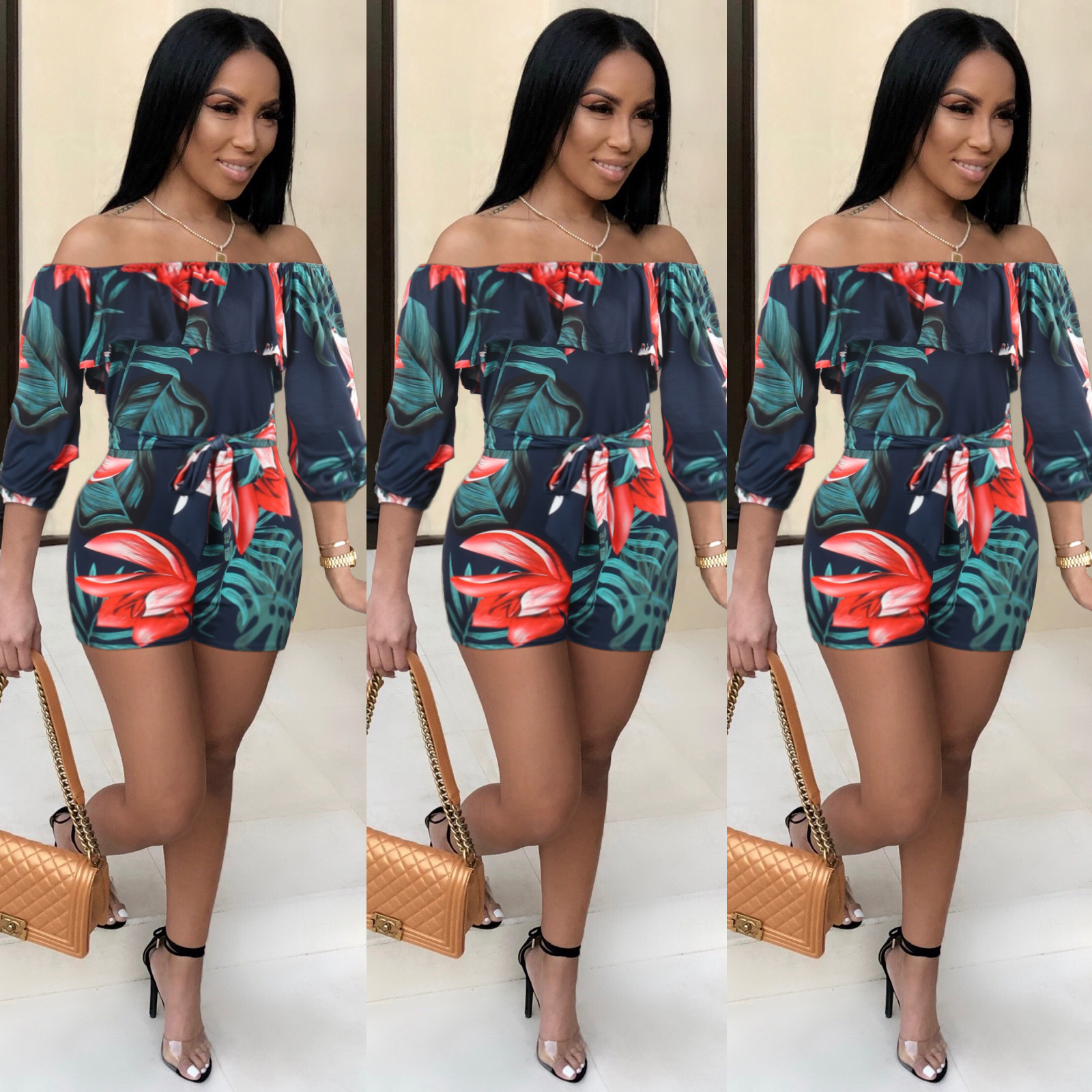 jumpsuit 2021 European sexy word collar off-the-shoulder ruffled long-sleeved pullover tube top printed belt jumpsuit support mixed batch