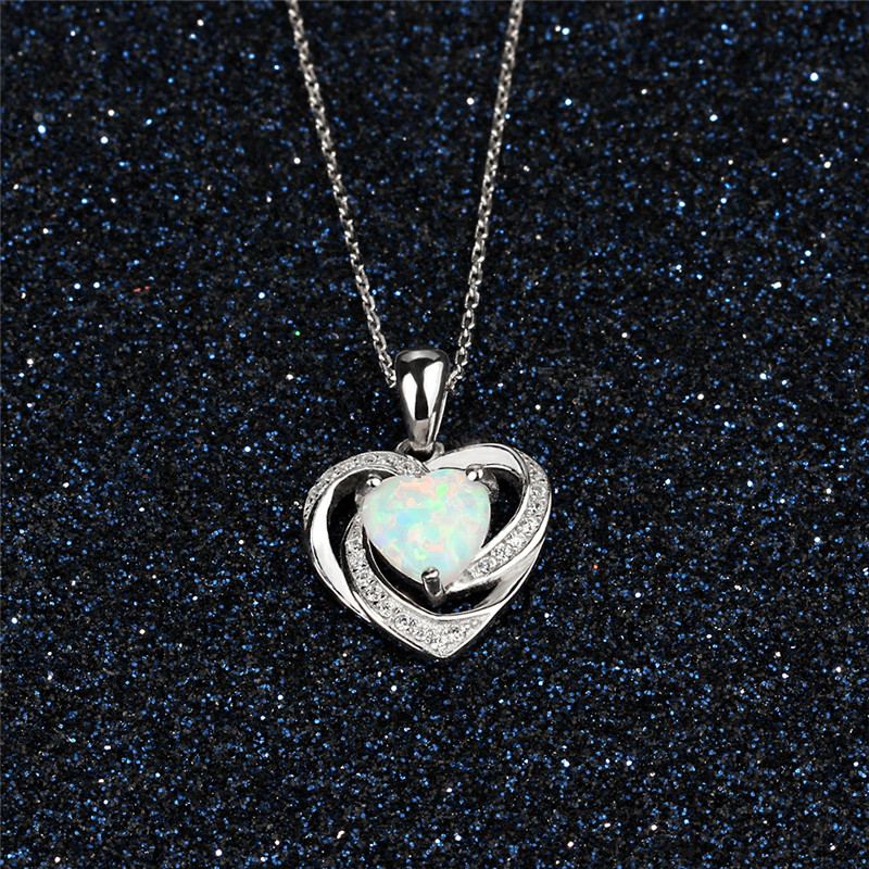New Fashion Heart Pendant Necklaces For Women 925 Sterling Silver White Heart Opal Necklace With Zircon Wedding Jewelry