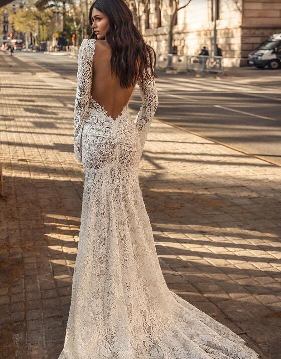Julie Vino 2020 Mermaid Wedding Dresses Deep V Neck Lace Long Sleeve Bridal Gowns Backless Sexy Boho Vestido De Novia
