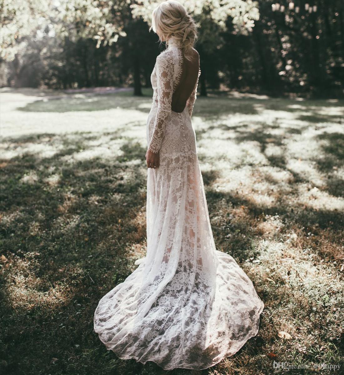 Vintage Full Lace Mermaid Wedding Dresses Long Sleeves HIgh Jewel Neck Backless Sweep Train Wedding Dress Bridal Gowns Vestidos De Noiva