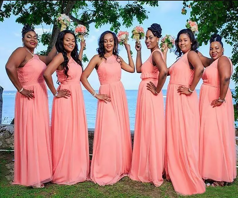 Sexy One Shoulder Coral Long Bridesmaid Dresses Ruched A Line Chiffon Floor Length Maid of Honor Gowns Wedding Party Prom Dress BD9854