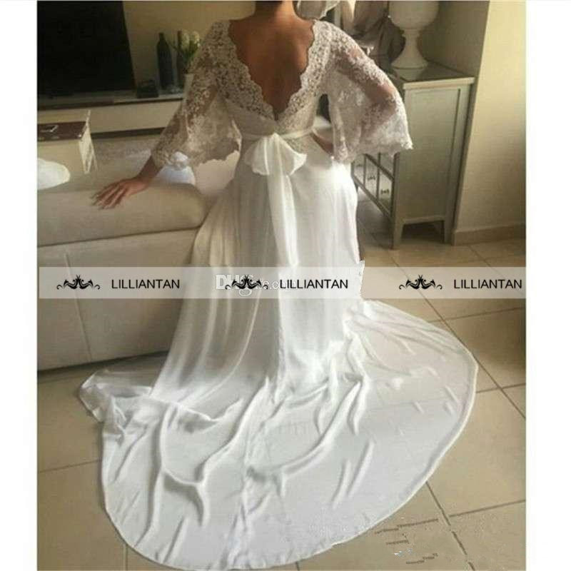Beach Lace Chiffon Wedding Dresses with Loose Sleeve 2019 V-neck Backless Summer Holiday Seaside Bohemian Bridal Gowns Cheap