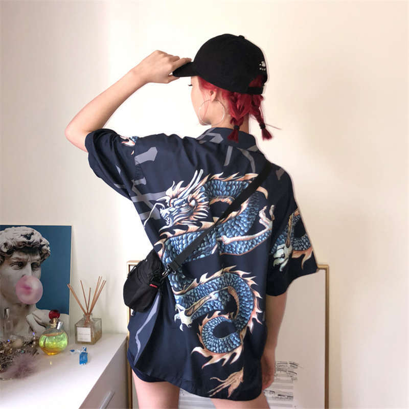 Neploe Harajuku New Summer Blouse 3d Dragon Print Shirt 2019 Short Sleeve Turn-down Collar Tops Woman Man Causal Blouses 35272 C19041201