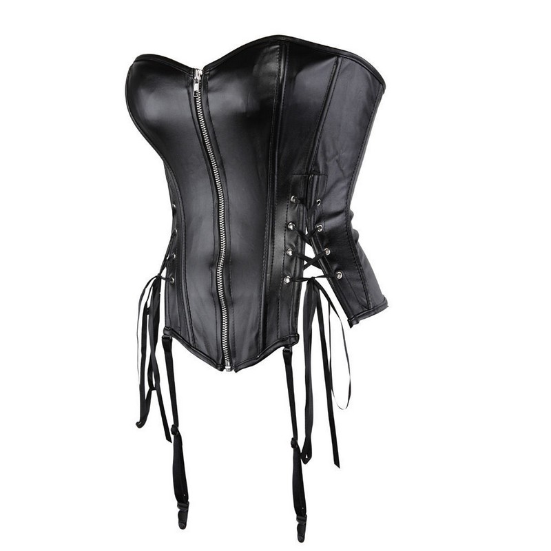 Gartered Leather Zipper Corset Women Side Ribbon Lace-up Details Plastic Boned Bodyshaper Fashion Overbust Waist Slimming Corset