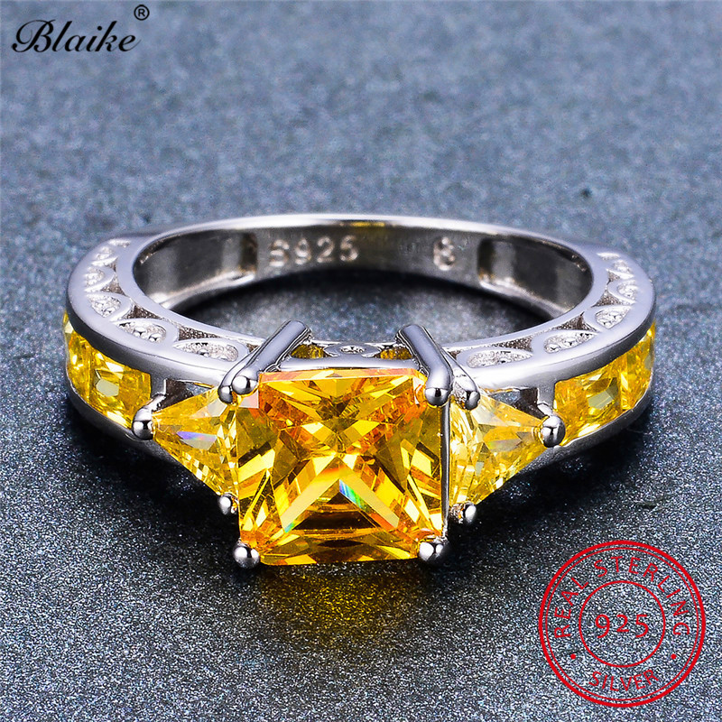Blaike Genuine 925 Sterling Silver Yellow Topaz Rings For Women Men Charming Citrine Jewelry Square Zircon Birthstone Ring Gifts LY191226