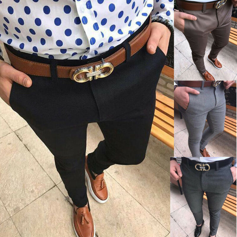 Men Casual Pant Business Slim Fit Solid Zipper Business Long Elegant Pants Trousers with 4 Colors Asian Size