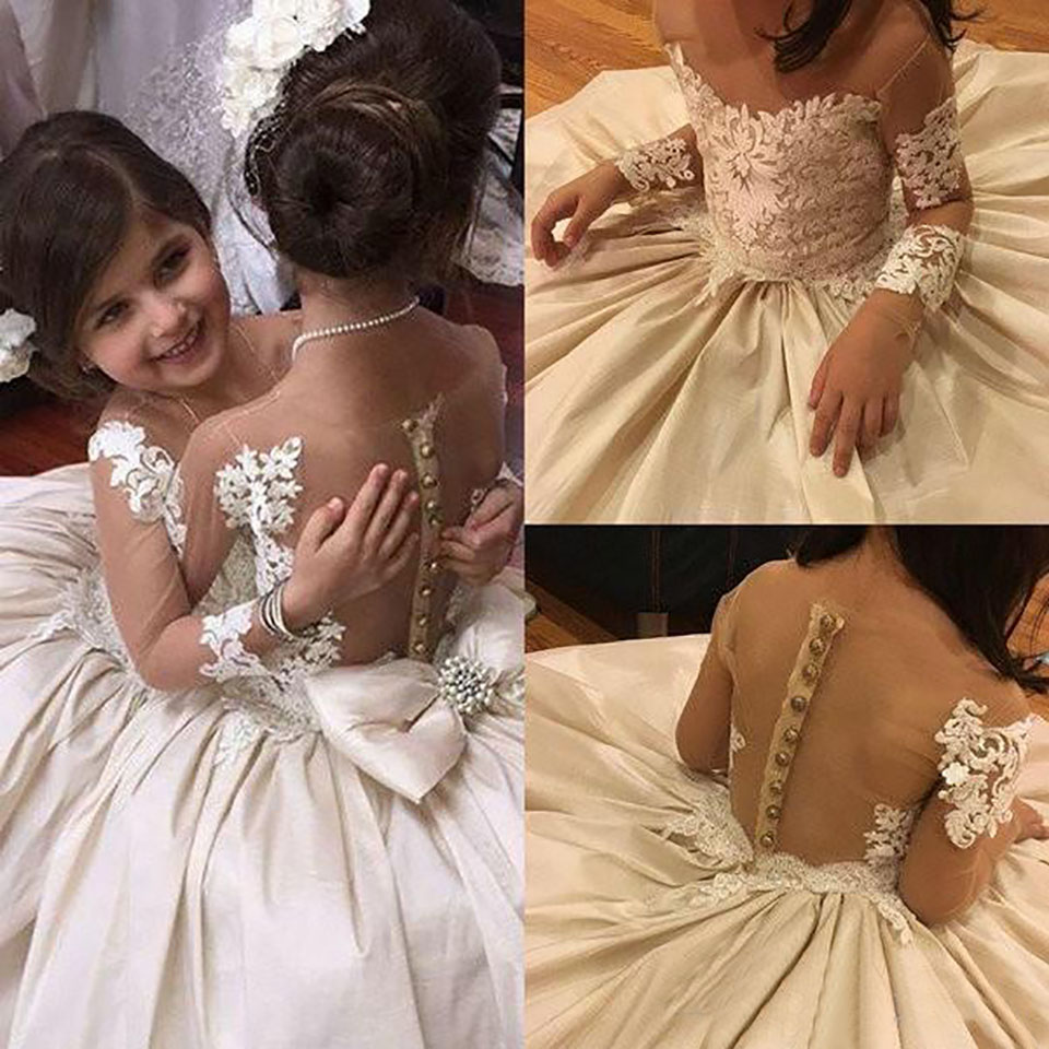 Flower Girls Dresses For Weddings Illusion Neck Long Sleeves Lace Appliques Bow Party Birthday Children Communion Girl Pageant Gowns