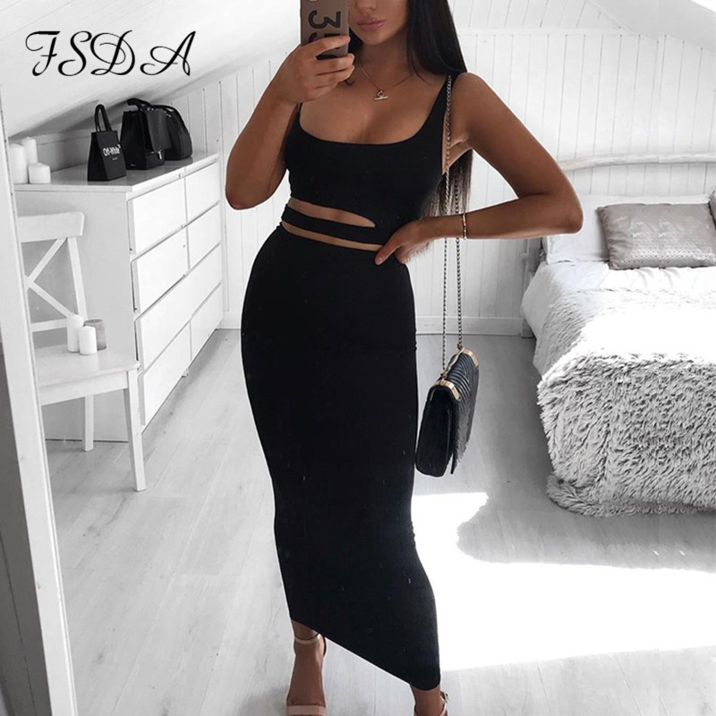 FSDA Summer 2-Piece Set - Spaghetti Strap Crop Top And Bodycon Skirt Party Club Outfit For Women (Black & White) B4
