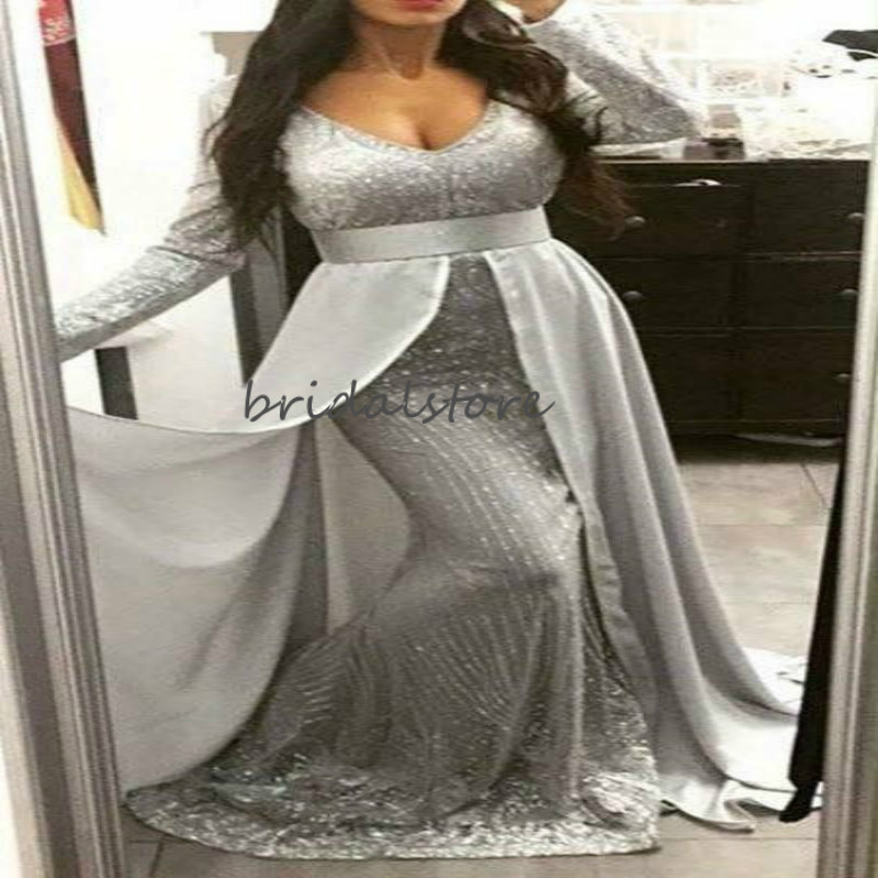 Spark Silver Evening Dresses Overskirt Mermaid Prom Dresses Sexy V Neck Long Sleeve Formal Evening Dress 2020 Cheap Dubai Sequin Party Gown