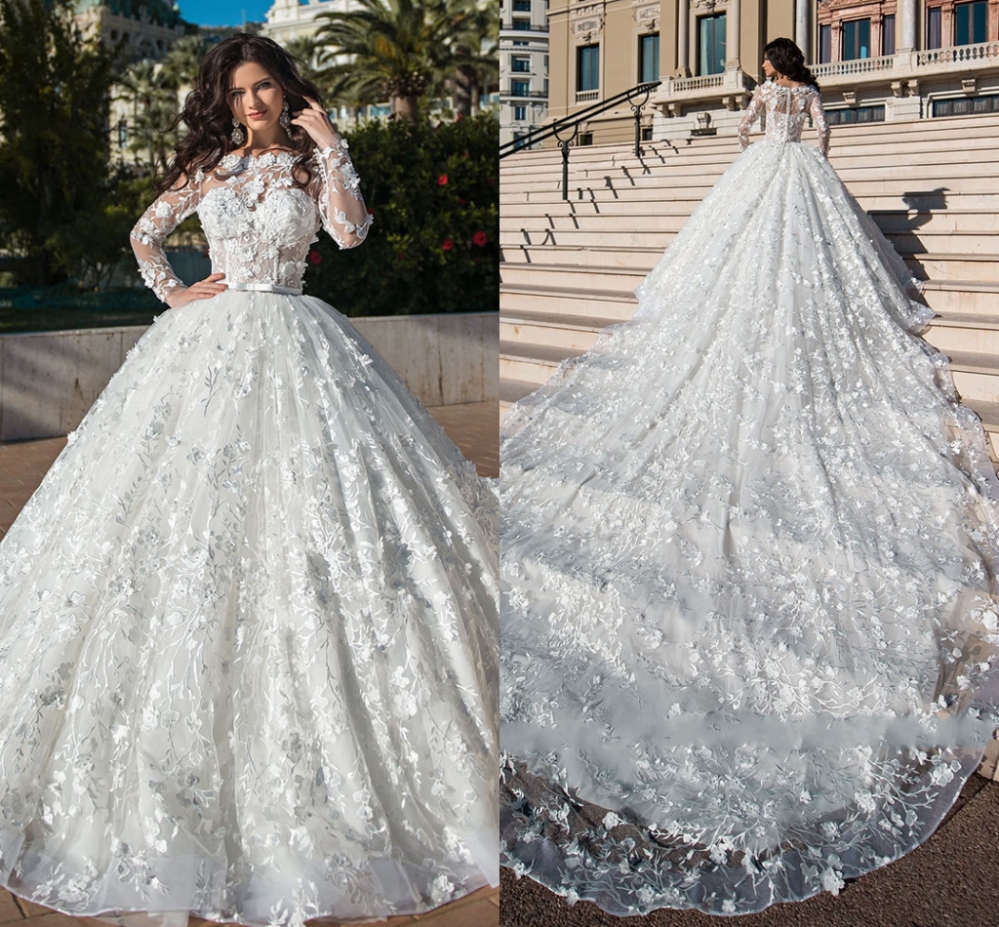 2020 Gorgeous A-line Wedding Dresses With 1m Train Vestido De Noiva Princesa Pearls Lace Flowers Long Sleeve Princess Bridal Gowns
