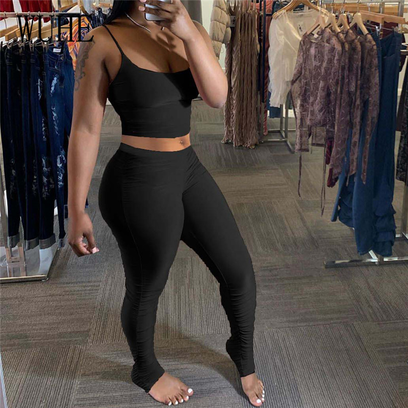 WUHE Women Two Piece Stacked Leggings Jumpsuit Summer Sexy Fitness Spaghetti Strap Backless Ruched Sweatpants Bodycon Rompers