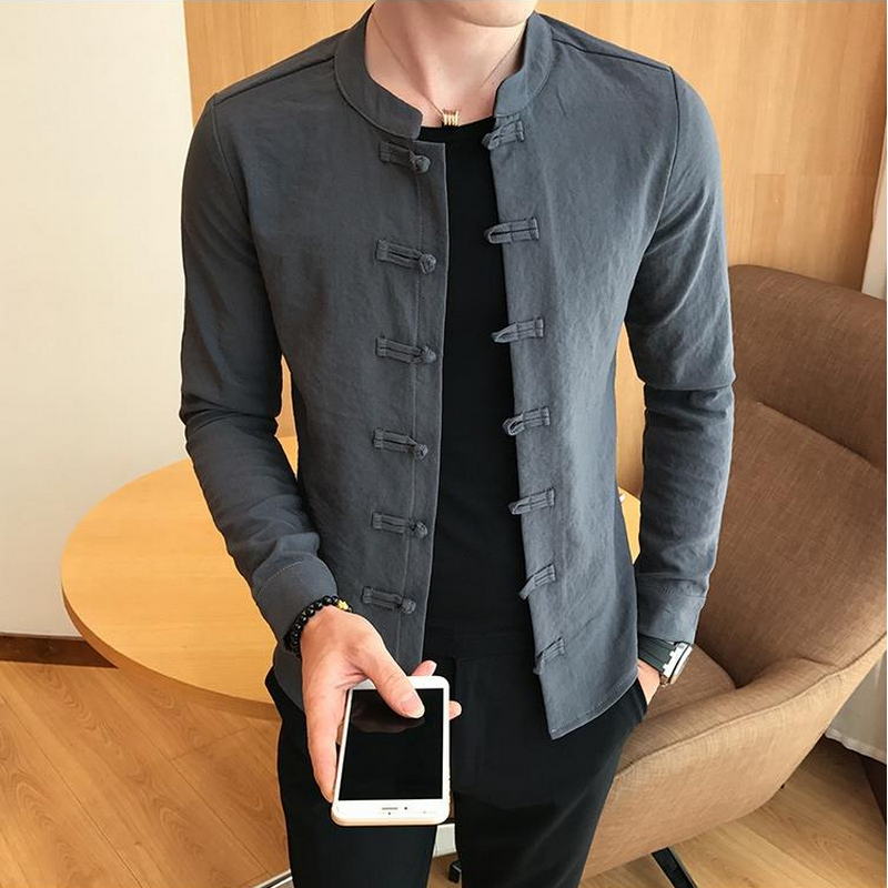 Camisa De Cuello Chino, Cuello MandarÃN, Ajustada, Casual, Camisa De Taichà , Negra Manga Larga Para Hombre-image