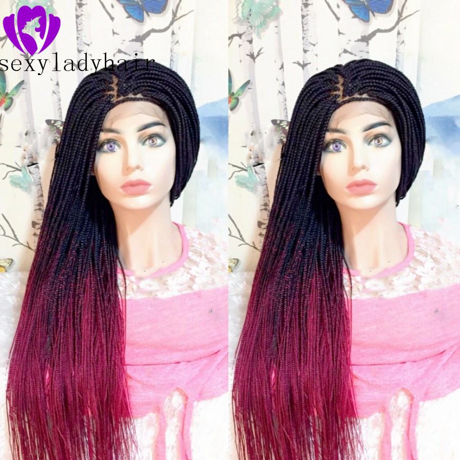 New Box Braids Lace Frontal Wig Two Tone Ombre Color #1b/pink red Synthetic Hair braid Wigs for African American Black Women