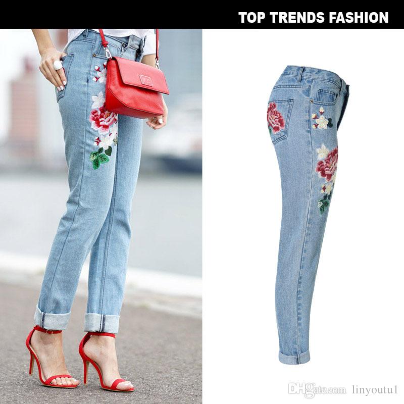 2020 Stretch Embroidered Jeans For Women Elastic Flower Jeans Female Slim Denim Pants Ripped Rose Pattern Jeans Femme