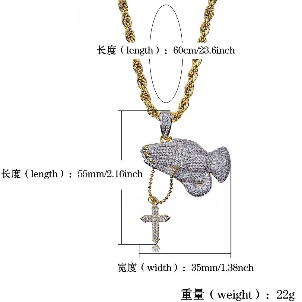 Vintage 18K Gold Plated Christian Cross Prayer Gestures Pendant Necklace Twist Chain Iced Out CZ Zirconia Jewelry Gifts for Men and Women