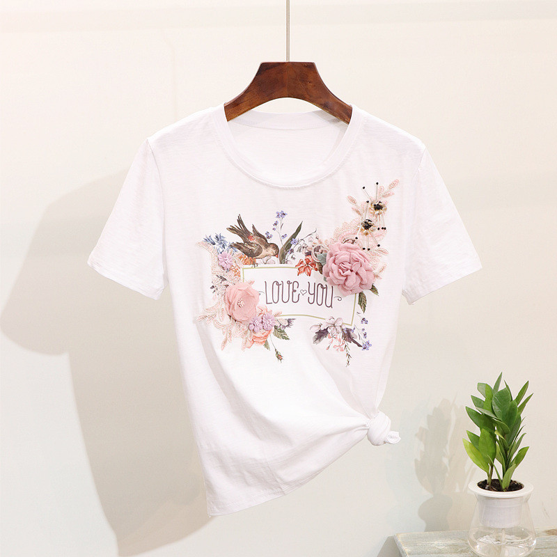 Luosha Women 2019 2pcs Summer Stylish Embroidery 3d Flower Short Sleeved Tshirt+heavy Work Jean Rippered Hole Denim Pants Suit Y19062201