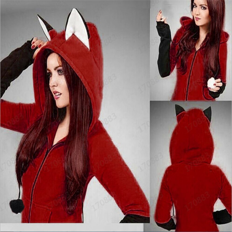 Hot Anime Fox Orelhas Ears Hoodie Orange Sweatshirts Plush Ball Decoration Jacket Halloween Cosplay Women New Kawaii Outwear V191129
