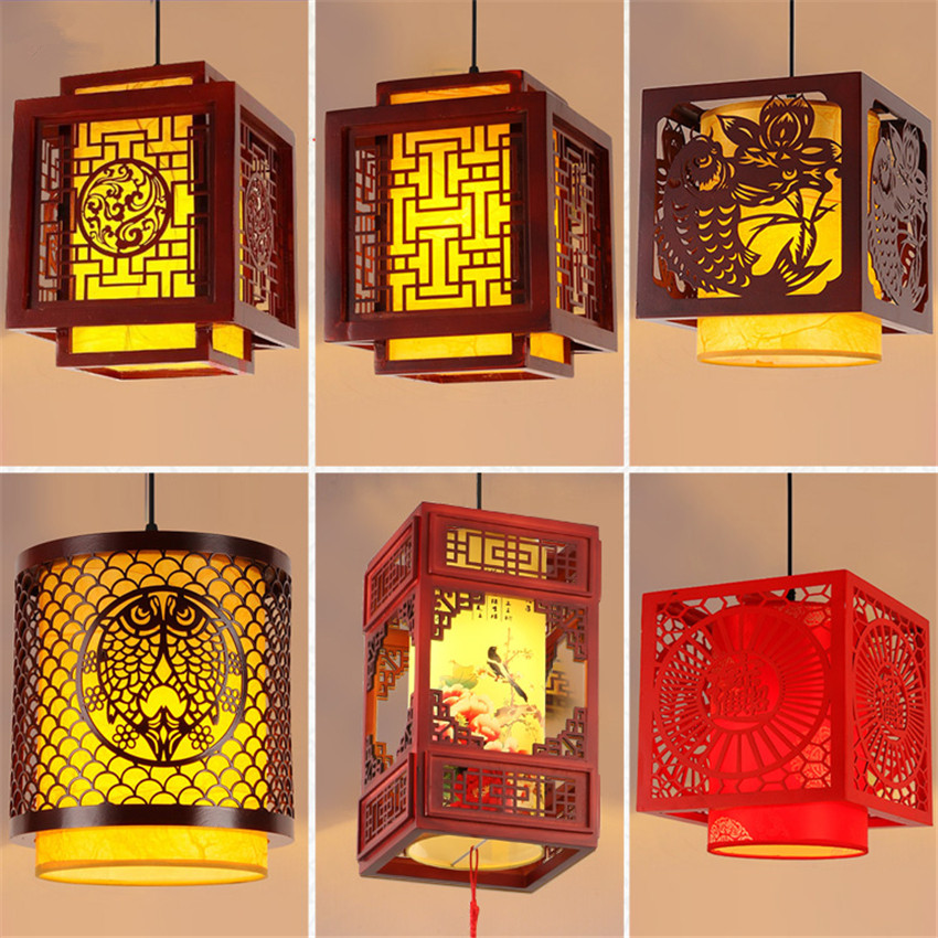 Chinese Lantern Wooden Pendant Lights Living Room Restaurant Hanging Lamps Teahouse Aisle Balcony Sheepskin Lamp Decor Fixtures