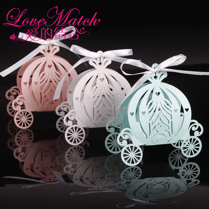 Laser cut pumpkin carriage Wedding Candy favor box pearl color paper candy box baby shower birthday gift 50pcs