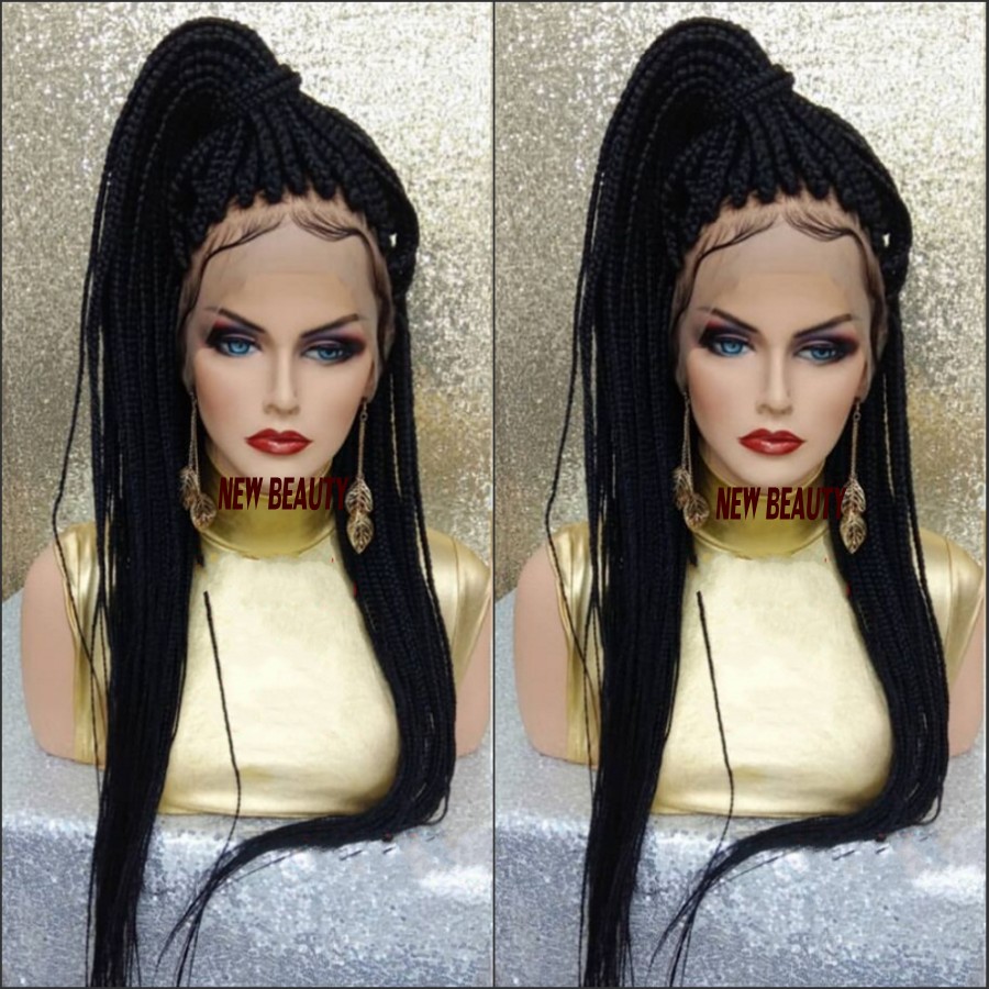 Long black/brown/blonde/burgundy color Jumbo Braids wig Synthetic Braiding Hair frontal medium braid lace front wig for black women