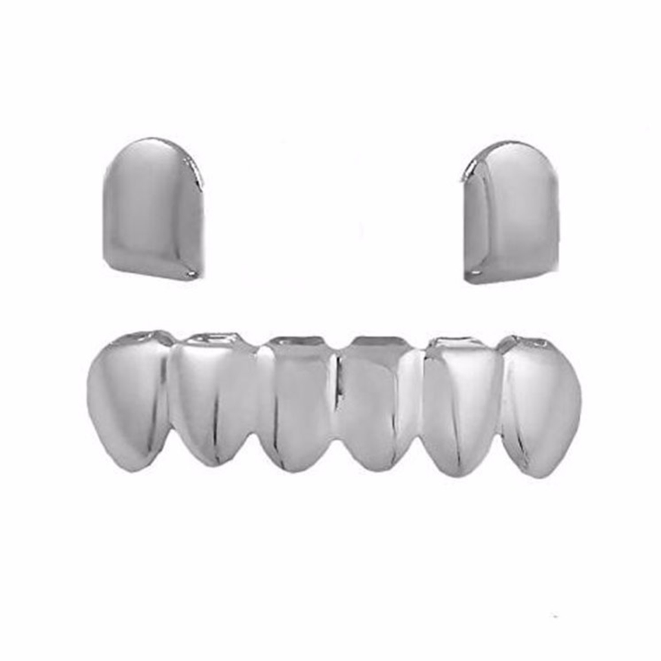 18K Real Gold Grillz Dental Mouth Fang Grills Braces Plain Punk Hiphop Up 2 Bottom 6 Teeth Tooth Cap Cosplay Costume Halloween Party Rapper Body Jewel