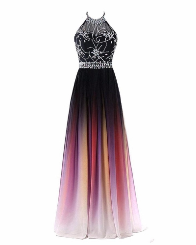 2022 Newest Sexy Halter Gradient Evening Dresses With Long Chiffon Plus Size Ombre Prom Party Dress Formal Party Gown
