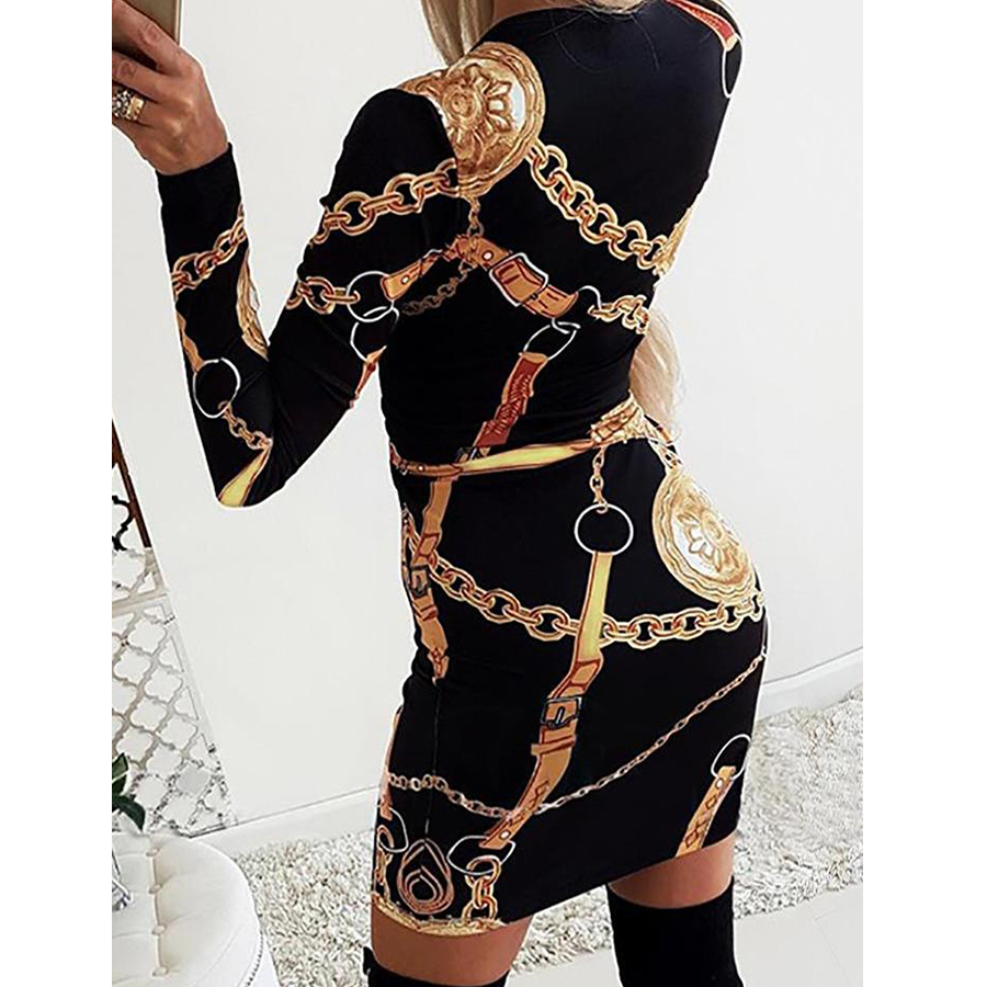 Summer Casual Elegant Ladies Fashion Dress Chain Print Long-Sleeved Sexy Tight Women Short Dresses B3