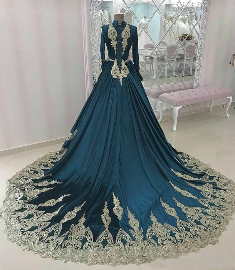 Real Green Muslim Evening Dresses High Neck Long Sleeve Prom Dresses Princess Appliques Formal Party Gowns Sweep Train kaftan moroccan Dress