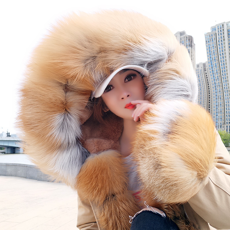 New Parka winter long khaki parka jacket women real fur coat natural red fox hooded good faux liner outwear MX191025