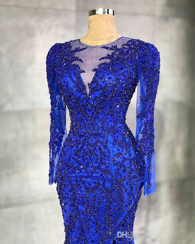 2020 Mermaid Prom Dresses Sheer Jewel Neck Beaded Crystal Appliqued Illussion Long Sleeve Cocktail Party Dress Custom Made Evening Gowns
