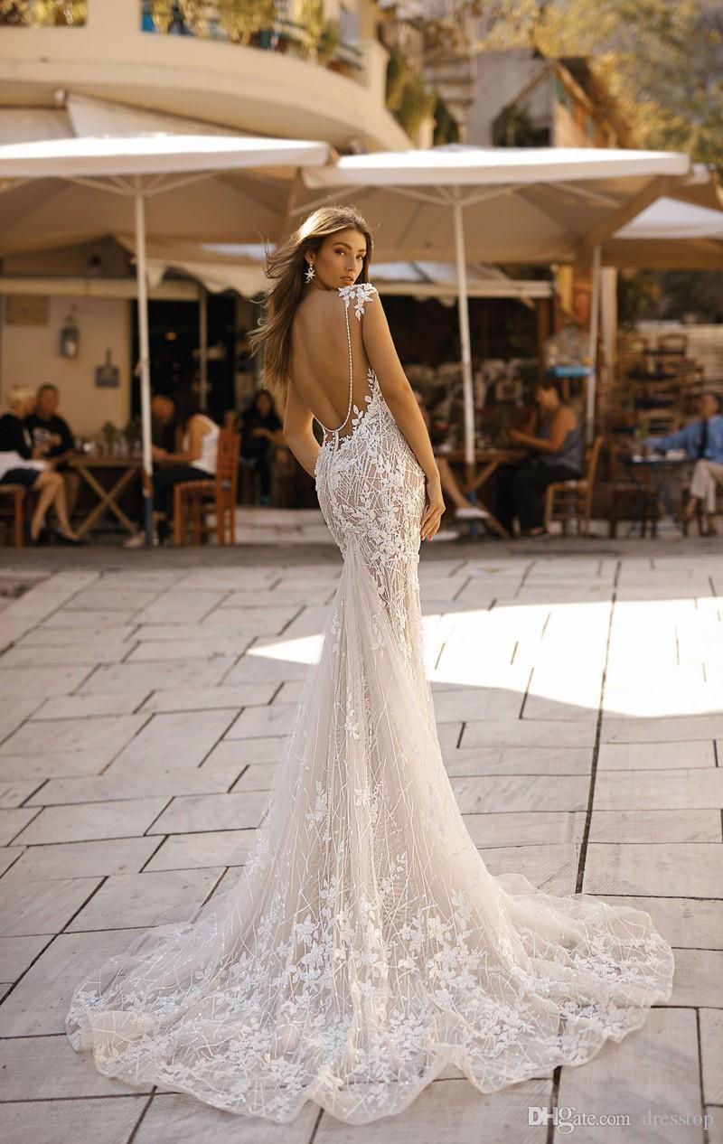 Sexy Berta Mermaid Wedding Dresses Backless V Neck Bridal Gowns Sweep Train Beach Wedding Dress plus size vestidos de noiva