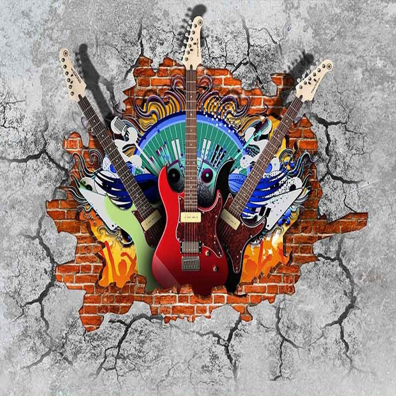 Custom 3D Murals Wallpaper Guitar Rock Graffiti Art Broken Brick Wall KTV Bar Tooling Home Decoration Wall Painting Mural Fresco9479734