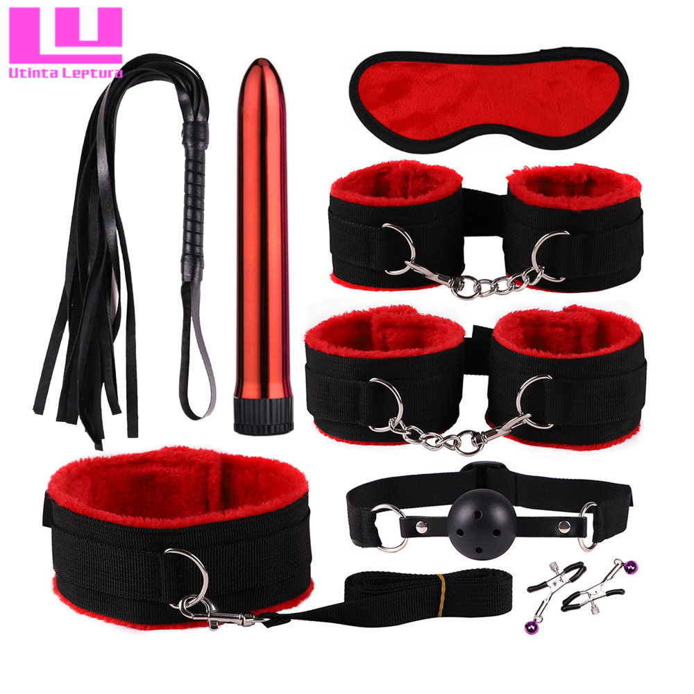 8 in 1 Sex Bondage Kit Adult Games Set Handcuffs Footcuff Whip Vibrator Nipple clip Blindfold Couples Erotic Sex Toys for SM Y191216