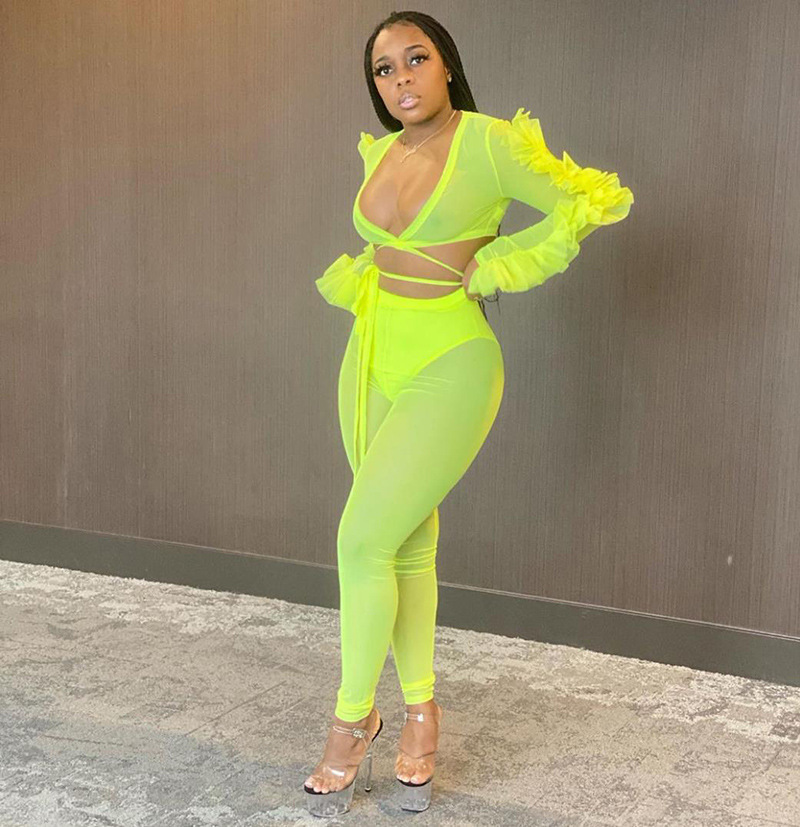 Sexy See Through Mesh Tracksuits Women Ruffles Cross Bandage V Neck Tops And Pants Two Piece Set Flourescent Leggings Party Sets