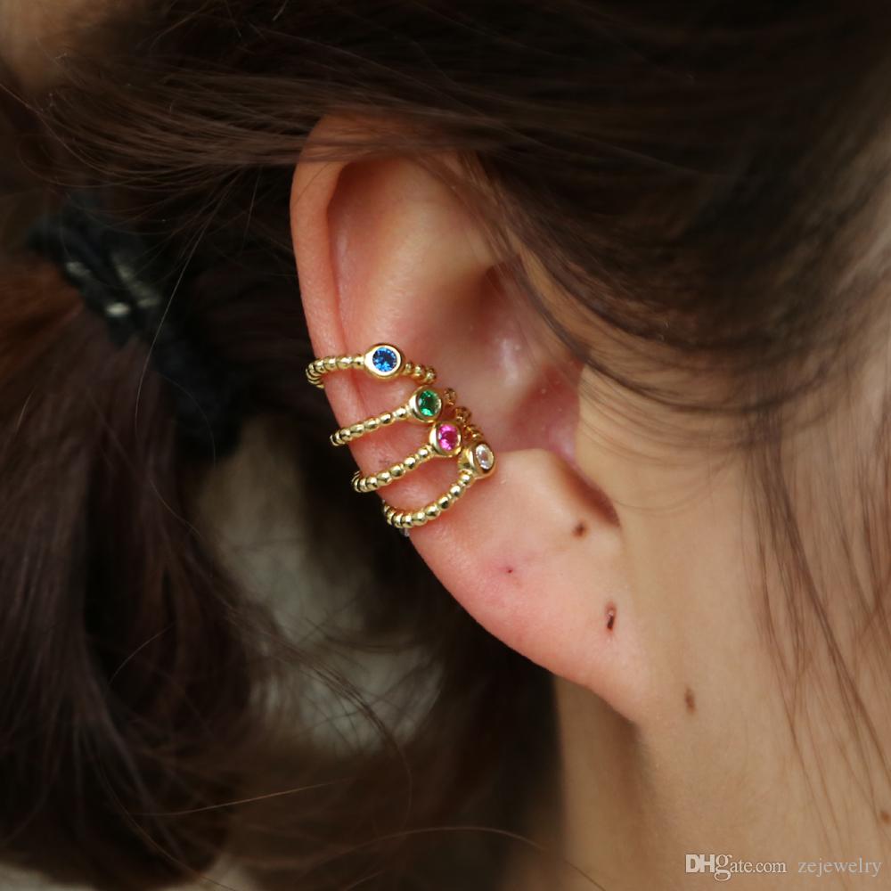 2024 New Sale delicate single stone round CZ blue green red white clip Cuff Ear Earring fashion women rainbow cz minimal earring