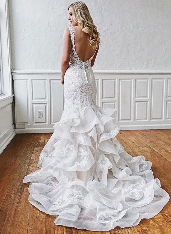New Arrival Sexy Mermaid Wedding Dresses Lace Appliques Beads Sleeveless Open Back Ruffle Court Train Arabic Custom Formal Bridal Gowns
