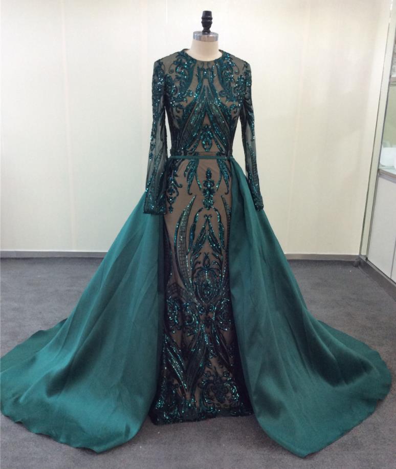 Sexy Green Prom Dresses Mermaid Long With Satin Detachable Train Sequined Long Sleeve Evening Party Formal Gowns Real Photos