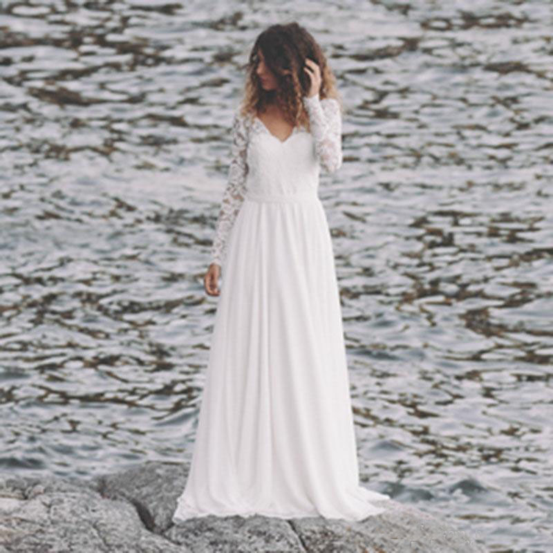 Simple Fall White Lace Country Beach Wedding Dresses V Neck Full Sleeve Chiffon Low Back Bohemian Bridal Gowns Slim casual Bride Dresses