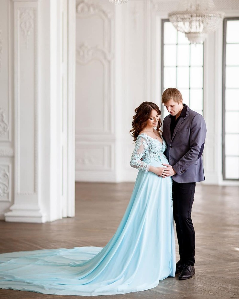 Modest Cheap A Line maternity Evening Prom Dress V Neck Long Sleeve Tulle Lace Party Dress Sweep Train Applique robes de soirée