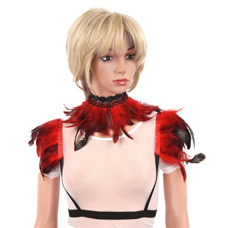 Women 2pcs Set Gothic Victorian Natural Feathers Shoulder Shrug Shawl Wrapped Cape Outfit with Collar for Halloween Costume Party Masquerade